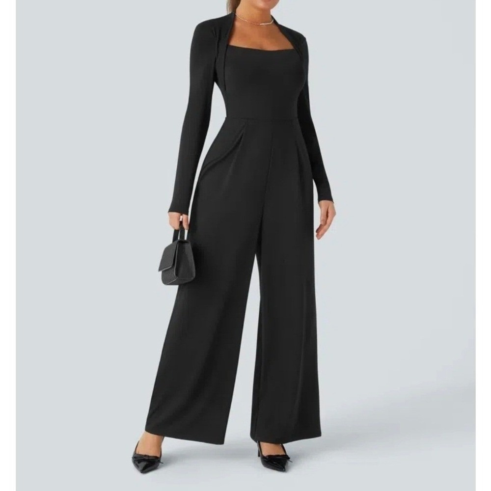 Halara Black Wide Leg‎ Long Sleeve Jumpsuit Square Neck Bolero Look XS 0/2 NEW